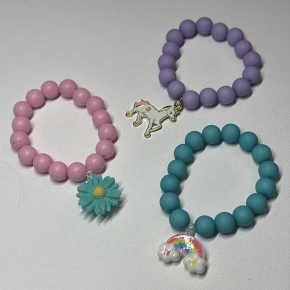Lot of 3 Girls Stretchy Beaded Charm Bracelets Unicorn Rainbow Flower NWOT - Picture 2 of 6